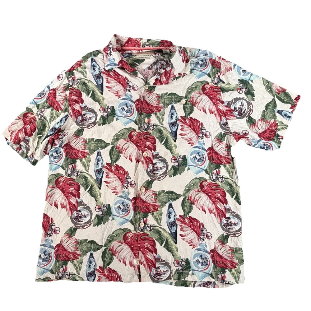 Tommy Bahama Shirt Mens Large Beige Christmas Holidays Ornaments Silk Floral